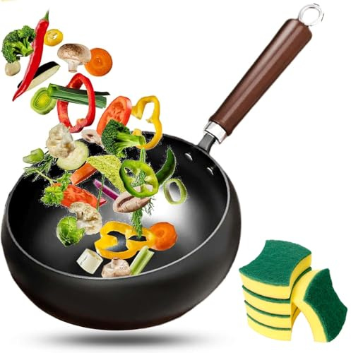 Wok de hierro fundido japonés, olla de cocina saludable sin recubrimiento con tapa, Woks de acero al carbono tradicional, sartenes antiadherentes martilladas a mano hechas en Japó Smooth-Surface 26cm