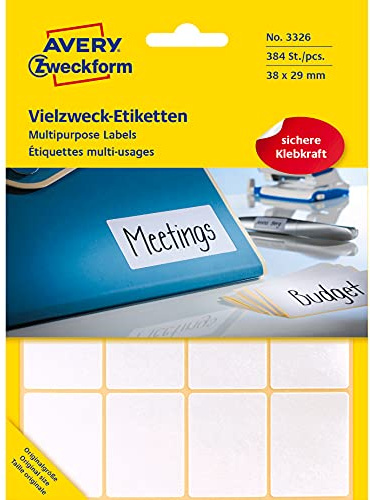 Avery Zweckform 3326 Haushaltsetiketten selbstklebend (38 x 29 mm, 384 Aufkleber auf 24 Bogen, Vielzweck-Etiketten für Haushalt, Schule und Büro zum Beschriften und Kennzeichnen) blanko, weiß