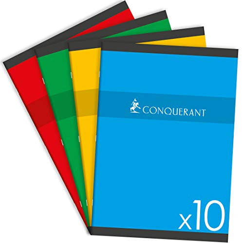 CONQUERANT Lot de 10 Cahiers 24x32cm Petits Carreaux 5mm 96 Pages Agrafées Couverture Carte Coloris Assortis