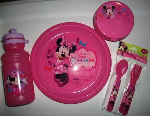 Minnie, piatto da 21,5 cm, contenitore per spuntini, bottiglia da 17 ml, set da 4 posate