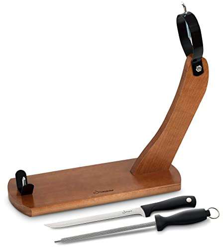 Schinkenhalter + Messer + Wetzstahl - Ideal für Serrano, Ibérico und Prosciutto Schinken