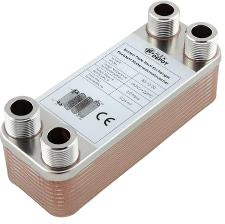Scambiatore di calore a piastra in acciaio inox B3-12-20 con 4 attacchi da 3/4 - max 45 kW, portata 4 m³/h per riscaldamento, solare, pompa di calore