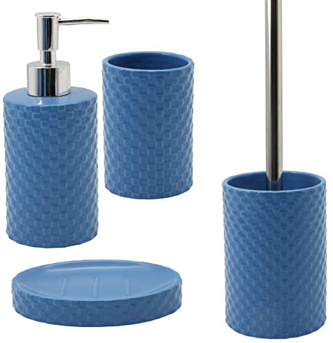 BM 4061 Set di Accessori da Bagno in Ceramica Quadratini Blu, Set Accessori Bagno Completo 4 Pezzi, Dispenser, Portaspazzolino, Portasaponetta, Portascopino