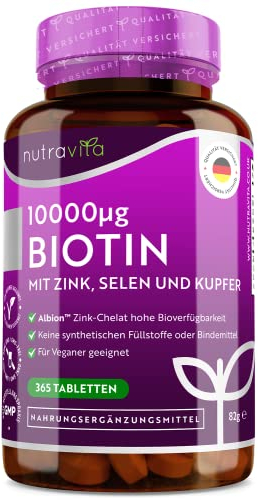 Biotin mit Zink, Selen und Kupfer Hochdosiert – 10000mcg Biotin pro Tablette – 365 Tabletten – Premium Zink von Albion® – Ohne Magnesiumstearate - Vegan - Hergestellt von Nutravita