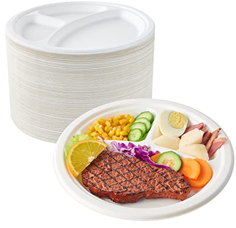 ECOLipak Kompostierbare Teller mit 3 Fächern, 25,4 cm, strapazierfähig, biologisch abbaubar, aus Pappe, umweltfreundlich, Zuckerstangen-Bagasse-Teller für Partys, Abendessen, 150 Stück