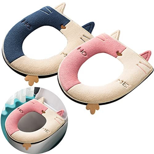 All-Pie Thickened toilet seat cushion cover is universal, warm, washable and reusable 2 pcs (Blue + Pink)