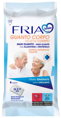 Manopole Saponate – Guanti Igiene Corpo - Azione Detergente ed Emolliente - Con Pantenolo e Allantoina - Senza Bisogno di Risciacquo - Formato: 8 Guanti Corpo - FRIA Senior