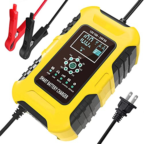 Foxsur 12V/24V 10-Amp Car Battery Quick Charger for Wet/GEL/SLA/LiFePO4/Lead-Acid/AGM Batteries, 7-Stage Multifunctional Battery Charger/Maintainer, for ATVs/Golf Cart/Motorcycle/Automobile/Marine etc