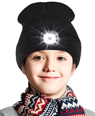 Deilin Kinder Strickmütze mit LED-Lampe Warm halten, Unisex Winter Schwarz Mütze mit Stirnlampe USB Wiederaufladbare Kappe mit 4 LED Tolles Geschenk für Jungen und Mädchen, Schwarz