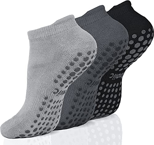 Ozaiic Damen und Herren Yoga Socken, Stoppersocken, Antirutschsocken, Barfuß, Rutschfeste, Pilates, Krankenhaus, Zuhause, Socken mit Noppen, 3 Paar - Dunkelgrau/Hellgrau/Schwarz, Größe 43-46