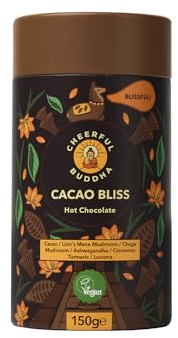 Cheerful Buddha Cacao Bliss Heißes Schokoladengetränk, energetisierende Alternative zu Kaffee, angereichert mit Superfoods, weniger koffeinbedingtes Zittern, ohne Zuckerzusatz, vegan, 150 g