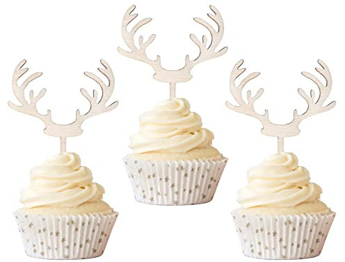 Xsstarmi 24 Stück Weihnachten Hirsch Cupcake Topper Holzgeweih Cupcake Picks für Babyparty Hochzeit Jagd Rustikale Landkinder Geburtstag Weihnachten Party Kuchen Dekorationen Zubehör