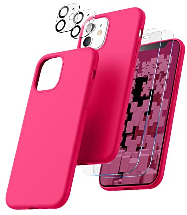 CALOOP 5 in 1 Designed for iPhone 12 Case and iPhone 12 Pro Case 6.1, with 2 Pack Screen Protector & 2 Pack Camera Lens Protector, Soft Liquid Silicone Gel Slim Shockproof Cover, Hot Pink