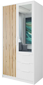 Mirjan24 Drehtürenschrank Bado Lux 2D, Kleiderschrank mit 3 Schubladen, Kleiderstange und Spiegel, Elegantes Schlafzimmer Schrank, Jugendzimmer (Weiß/Weiß + Eiche Wotan)
