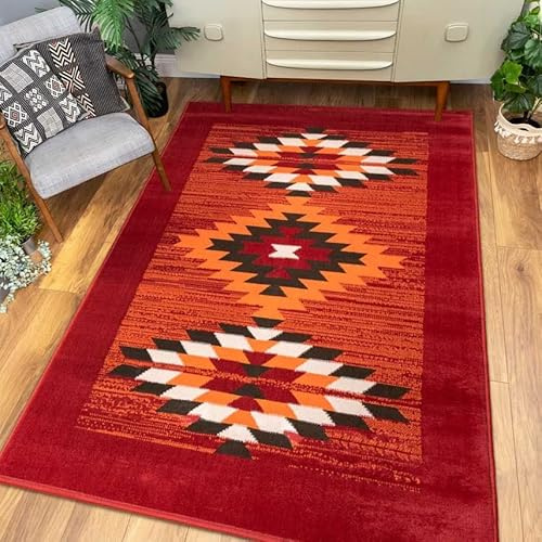Modern Terracotta Red Aztec Tribal Living Room Area Rug Stain Resistant Durable Orange Diamond Carpet Bedroom Entrance Mat Rugs 120cm x 170cm