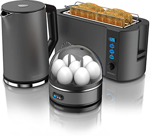 Arendo - Wasserkocher mit Toaster SET und Eierkocher, Edelstahl Grau Wasserkocher 1,5L 40° - 100°C, Toaster 4 Scheiben LED-Display 6 Bräunungsgrade Eierkocher 1-7 Eier Messbecher BPA frei