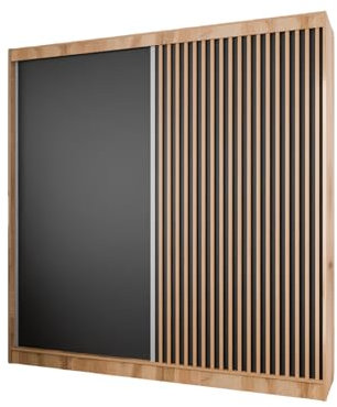 MargaretHadas24 Kleiderschrank Lili mit Lamellen inklusive 2 Schiebetüren Schwebetürenschrank Kleiderstange Garderobe Schrank (Eiche Craft Gold, schwarz, Lamelle wotan, 200 cm)