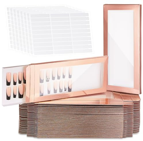 Yeaqee 100 Pcs Empty Nail Package Box with 100 Pcs White Background Papers Empty Nail Tip Box Packaging with 240 Pcs Adhesive Double Sided Tape Set for Press on Nail Business Nail Salon (X-Large)