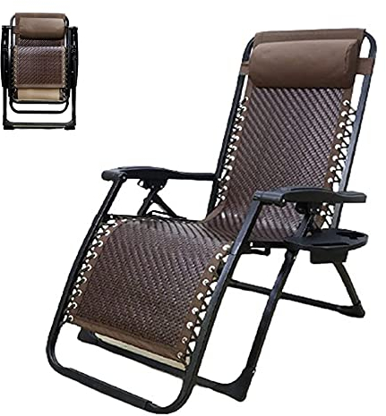 Klappbarer Rattan-Liegestuhl, Zero-Gravity-Liegestuhl mit Nackenkissen und Tablett, Korb-Rattan-Rasen-Loungesessel, geeignet für Büro, Garten, Terrasse, Strand