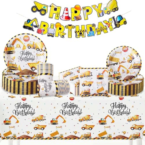 Bikasun Baustelle Partygeschirr Geburtstag Deko für 20 Gästen, Bagger Pappteller Pappbecher Servietten Tischdecke Banner Geburtstagsdeko Baustelle Kindergeburtstag Partyset