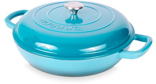 Shallow Cast Iron Casserole with Lid – Non Stick Dutch Oven Pot, Oven Safe up to 260° C – Sturdy Ovenproof Stockpot Cookware – Enamelled Cooking Pot – Blue, 4.7L, 32cm – by Nuovva