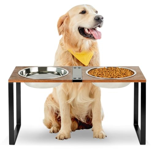 GUUSII HOME Hundenapf Erhöht Futternapf Grosse Hunde Mittlere Erhöhter Fressnapf Hund Groß Edelstahl Napfset 1500ml Futterstation Ständer Holz 57.5 * 24 * 29cm für Mittelgroße Haustiere (Braun, L)