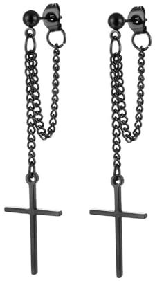 Boucle D Oreille Noire, Boucle D Oreille Homme Chaîne avec Croix Acier Inoxydable Clou D'Oreilles Tendance pour Anniversaire