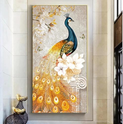 AWKFHF Goldene Wunderschöne Pfau Tier Bilder,Leinwandbild Poster Kunstdruck Wohnzimmer Deko Schlafzimmer Bilder Wanddekoration (40X80CM,ohne Rahmen)