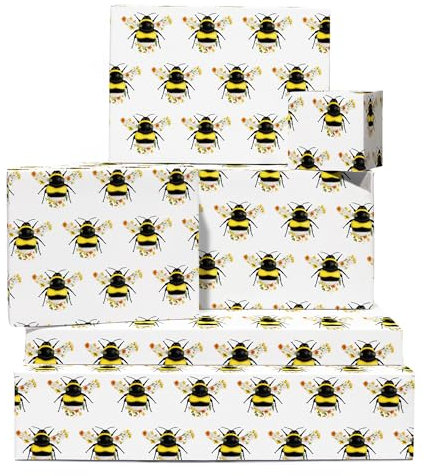 Bienen-Geschenkpapier – 6 Blatt Geschenkpapier – Blumenbienen – Weißes Geschenkpapier Für Sie – Zum Geburtstag, Zur Babyparty, Zur Taufe – Mit Aufklebern – Von Central 23