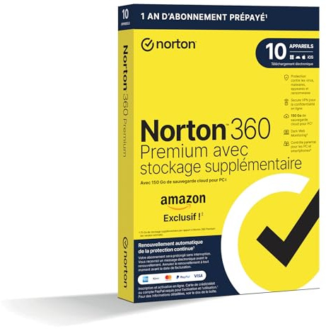Norton 360 Premium + 75 Go de sauvegarde cloud supplémentaire |10 Appareils | 1 An d'Abonnement en renouvellement automatique | Exclusivité Amazon*
