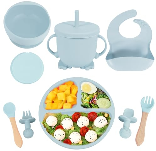 Silicone Baby Feeding Set, Baby Led Weaning Supplies with Suction Bowl Divided Plate, Self Feeding Spoons Forks Sippy Cup Adjustable Bib, Eating Utensils for 6+ Months (Grey Blue)
