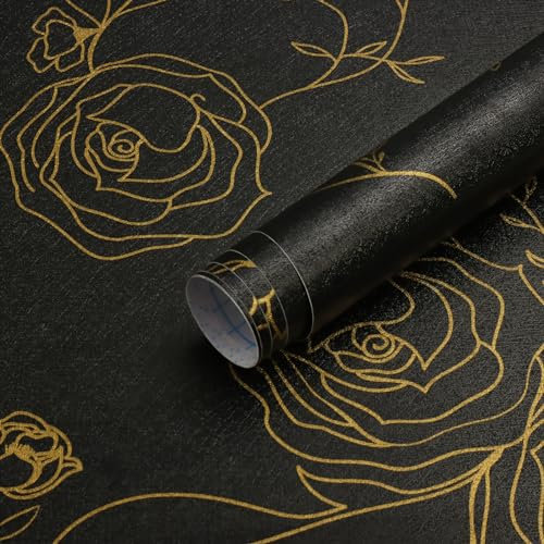 Timeet Self Adhesive Wallpaper Black Contact Paper Golden Rose Floral Line Print Peel and Stick Wallpaper 44x1000cm Removable Sticky Back Plastic Roll Waterproof Vinyl Film for Furniture Wall Cabinets