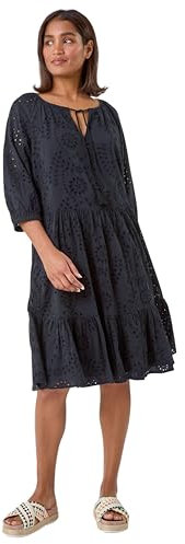 Roman Originals Women Broderie Tiered Smock Dress - Ladies Spring Holiday Summer Casual V-Neckline Short Sleeve Relaxed Lined Comfy Dresses Cotton Frill - Black - Size 16