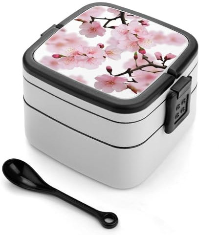 NONHAI Cherry Japanese Cherry Blossom Bento Box Adult Lunch Box Double Layer Insulated Bento Lunch Boxes with Spoon Stackable Salad Lunch Containers Versatile Leak-Proof Lunch Lunch for Adults 1000ML