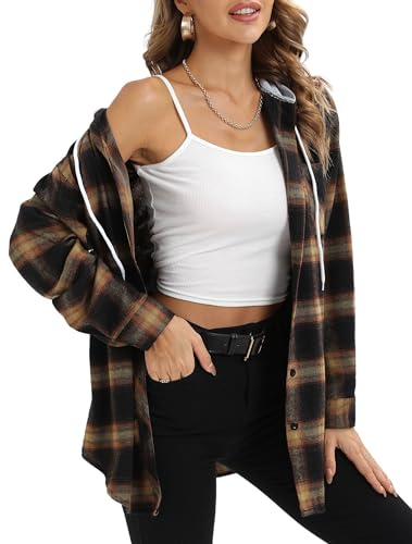 Jhsnjnr Chemise en Flanelle surdimensionnée pour Femme - Sweat à Capuche boutonné - Col en V - Haut Tendance - Manches Longues - Chemisier à Carreaux