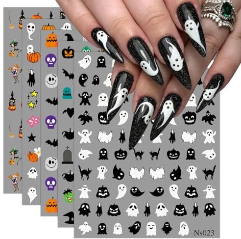 3D Halloween Nail Stickers, 6 Sheets 5D Self-Adhesive Embossed Nail Decal White Black Ghosts Ghosts Nail Art Decoration Design Supplies