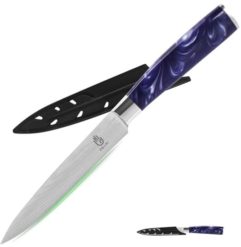 FULLHI Cuchillos Utilitarios, Cuchillo Japonés Multicolor de 5 pulgadas con funda, Cuchillo Universal Cuchillo de Cocina de Acero Inoxidable con Guarda (Resina púrpura)