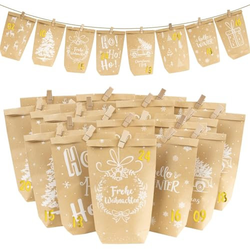 BOFUNX 24pcs Sacchetti Calendario dell'Avvento Sacchetti di Carta Natale Calendario dell'Avvento Fai da Te Sacchetti per Caramelle Natale con Adesivi Numeri per Biscotti Confetti Festa di Natale