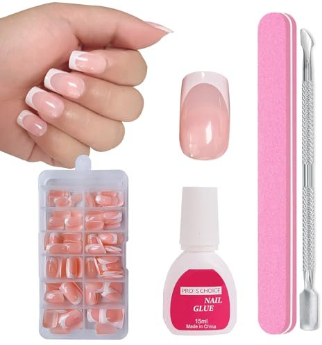 ZAHRVIA 120 Pièces Faux Ongles Court Kit, Acryliques Pleine Couverture, Capsule Français Ongles, Square French Ongles Artificiels, DIY Nail Art Décoration pour Femmes et Filles