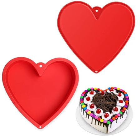 Yjijaiifd Heart Shaped Cake Pans, 8.6Inch, Nonstick Silicone, Red, Heart Cake Pan Set for Brownies