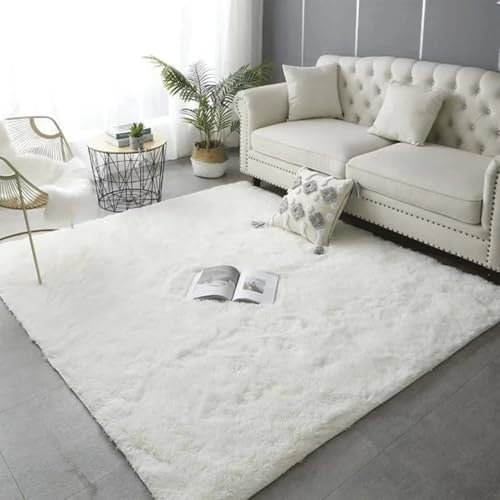Genérico Alfombra Lavable para Salón, Dormitorio y Habitación de Los Niños - Lana de Pelo Largo, Muy Suave, Antideslizante, Moderna - Blanca, 200x300cm