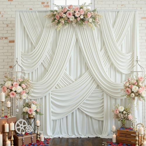 Htper 10x12 ft Ivory Backdrop Curtain Panels for Wedding Parties, Wrinkle Free 2 Panels 12 ft Long Polyester Photo Backdrop Drapes with Rod