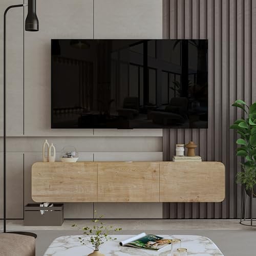 Uniqtrio Floating TV Unit, Floating TV stand Cabinet, TV Units for Living Room 75 inch TVs, TV Stand Unit, TV Table, Media Wall Unit, TV Stands for Living room Entertainment Wall Unit (Oak)