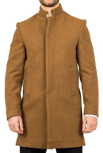 Men's Overcoat Stand Collar Wool Blend Classic Trench Coat Winter Jacket - Tan 3XL