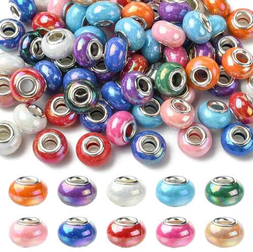 KitBeads 100 Stück zufällige europäische Perlen, 14 mm, großes Loch, Rondelle-Perlen, AB-Farbe, Kunstharz, Porzellan, runde Perlen für Stifte, Haare, Armbänder, Schmuckherstellung, Handwerk