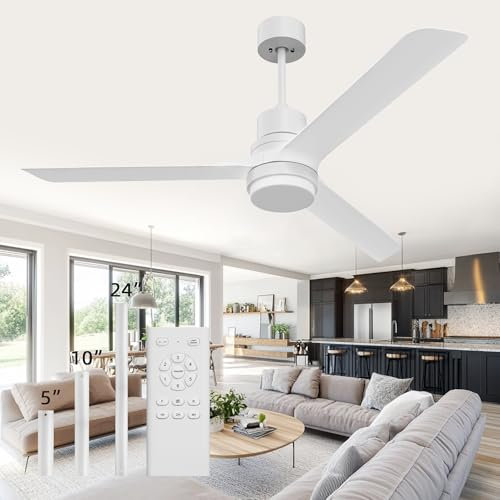 Obabala Ceiling Fans With Lights Outdoor Ceiling Fans 52in/132cm Deckenventilator Mit Licht und Fernbedienung Geräuscharmer Dc-Motor 3 Klingen,Zeitschaltuhr,6 Geschwindigkeiten (Weiß)