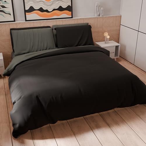 PETTI Artigiani Italiani - Double Duvet Cover Set 200 x 200 cm (1 Pillow Case 50 x 80 cm Included) Soft Microfibre Duvet Cover Set Solid Colour Dark Grey - Black