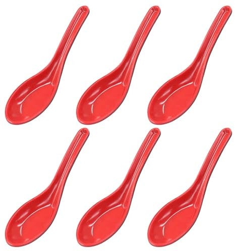Cjueiom 6Pcs Rice Spoons, Chinese Soup Spoons for Ramen, Wonton & Noodle Dishes, Asian Plain Style, Black and Red