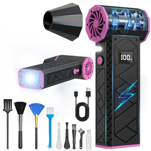 Souffleur Air Comprimé, 2025 Nouveau LCD Écran Modèle 180000 RPM Mini Souffleur Dépoussiéreur Électrique Vitesse du Vent de Niveau 4(10000mAh) avec Lampe de Poche pour Camping Éxtérieur-Rose&N