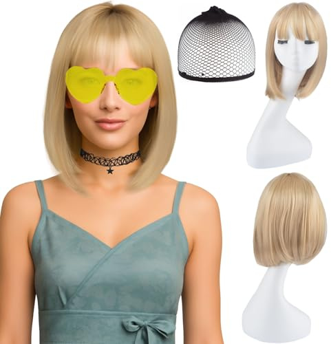 AYNKH Kurzhaarperücke Damen Blond, Kommt mit einem Haarnetz, Halskette und Sonnenbrille geeignet für Partys und Versammlungen, cospaly， Die perfekte Wahl für Mode